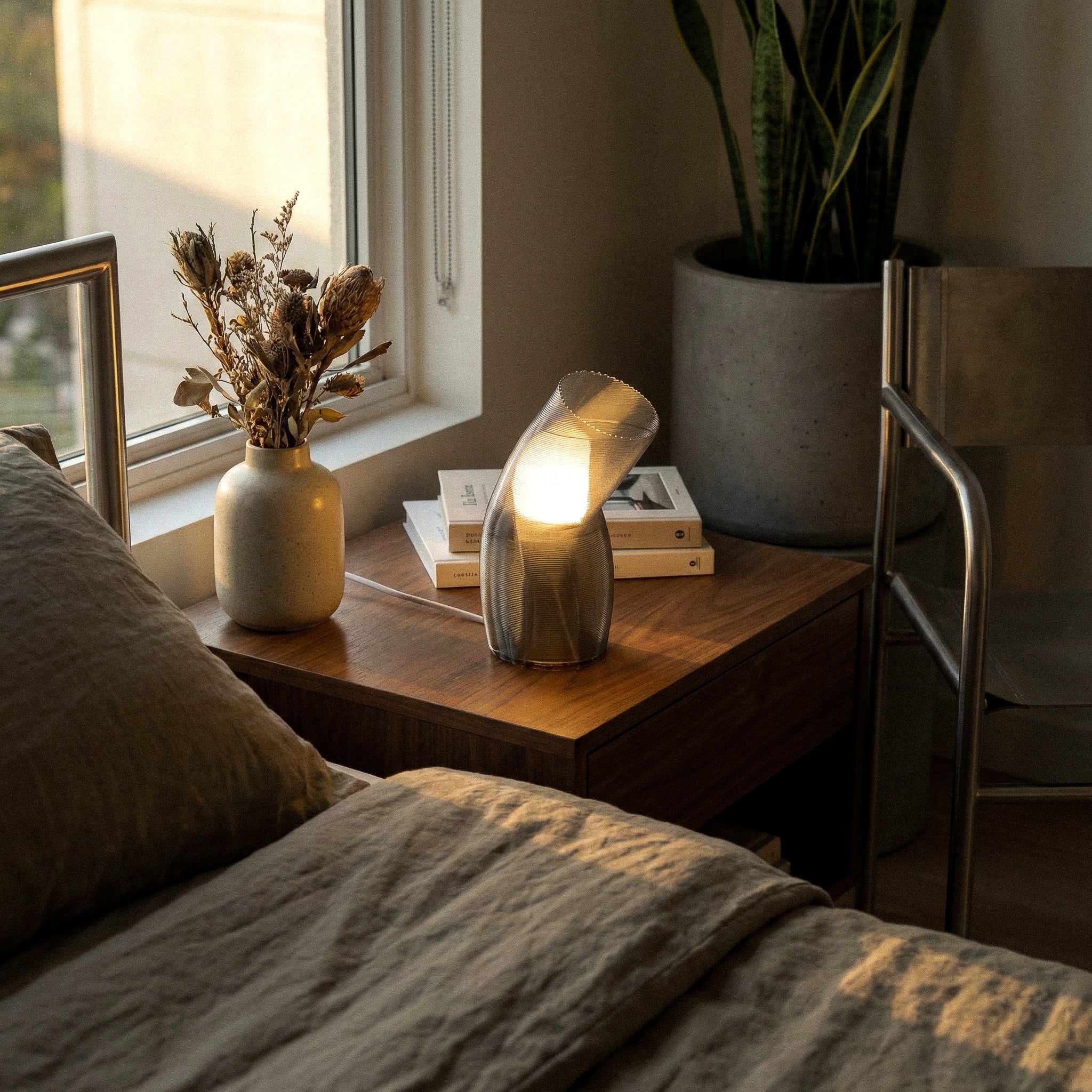 Blob lamp illuminated on a shelf